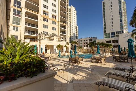 commercial proeprty pool nice flower bed high rise