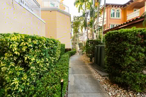 sidewalk shrubs hedges lights gravel building commercial 2