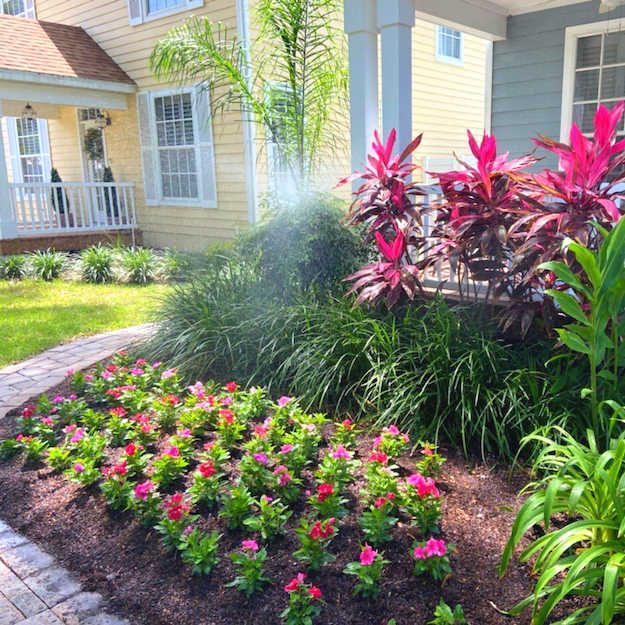 front yard flower landscape beds mulch