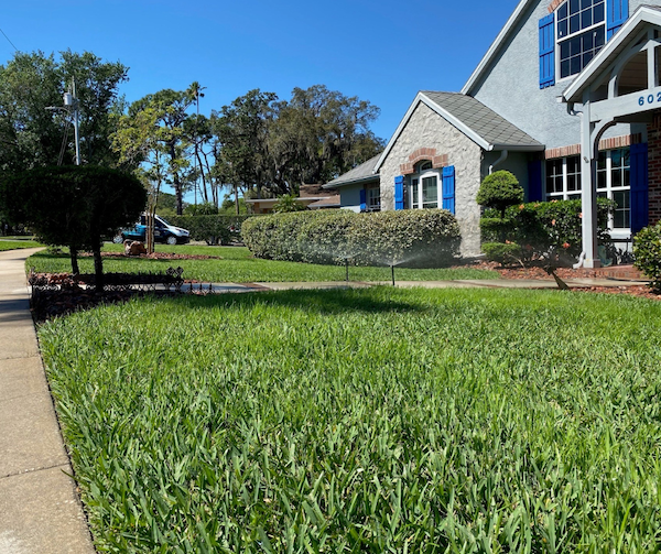 front yard with irrigation system spraying lawn