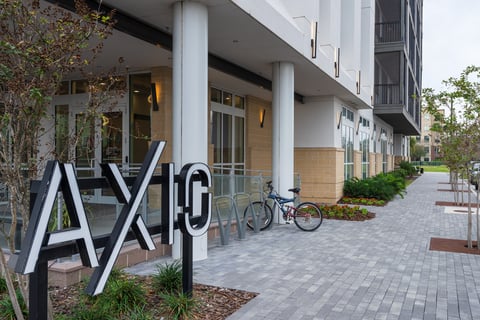 landscaping outside apartment building entrance