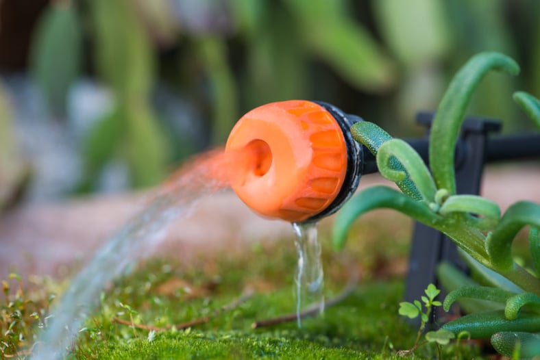 Avoiding wasted water, as shown in this image of a dripping sprinkler, is a big part of sustainable landscaping practices.