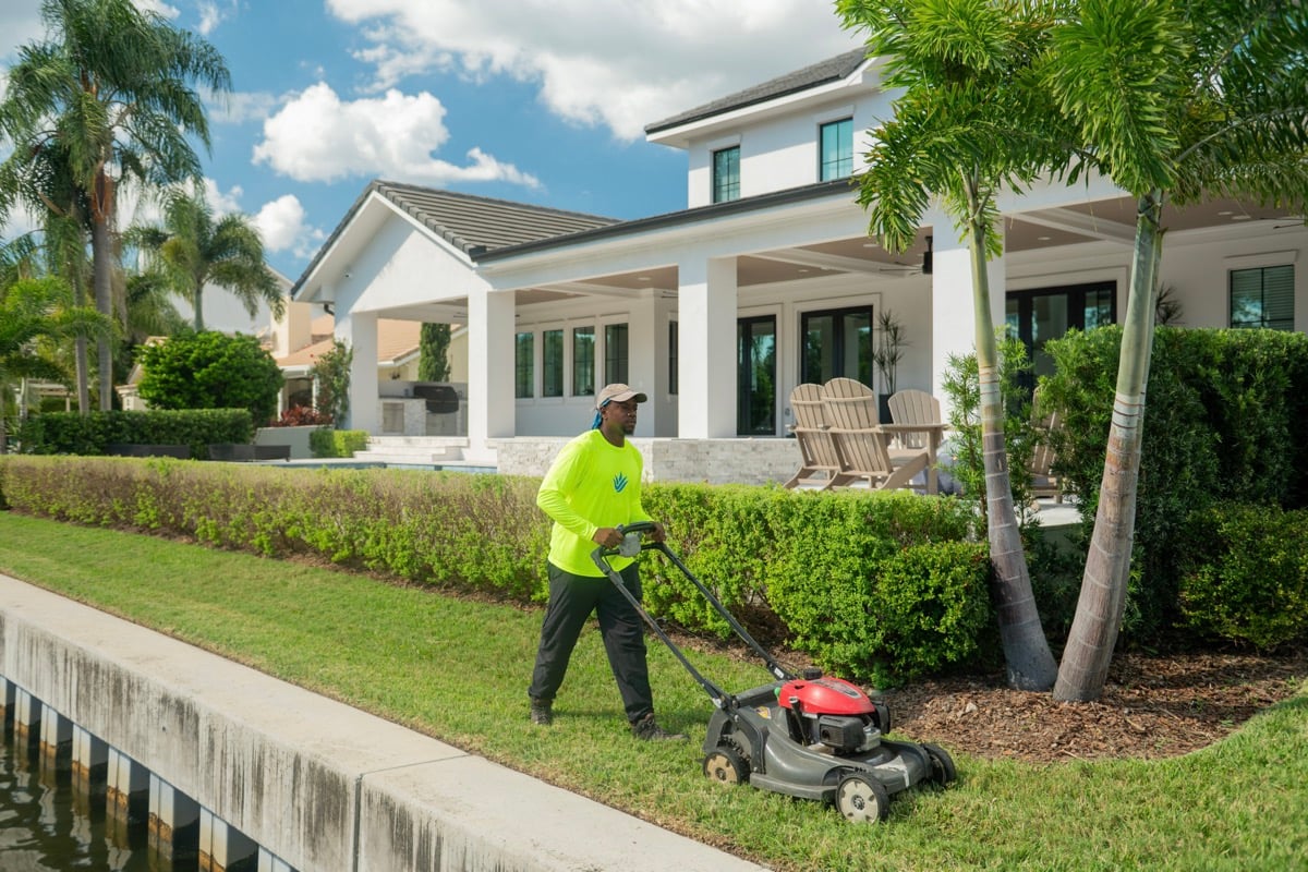 lawn technician mowing new sod